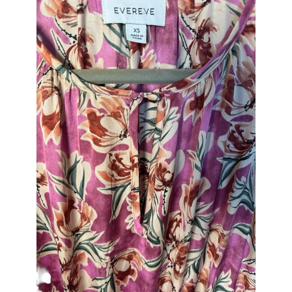 Evereve Floral Mini Dress XS Ruffle Sleeveless Tiered Pink Purple Boho Romantic
